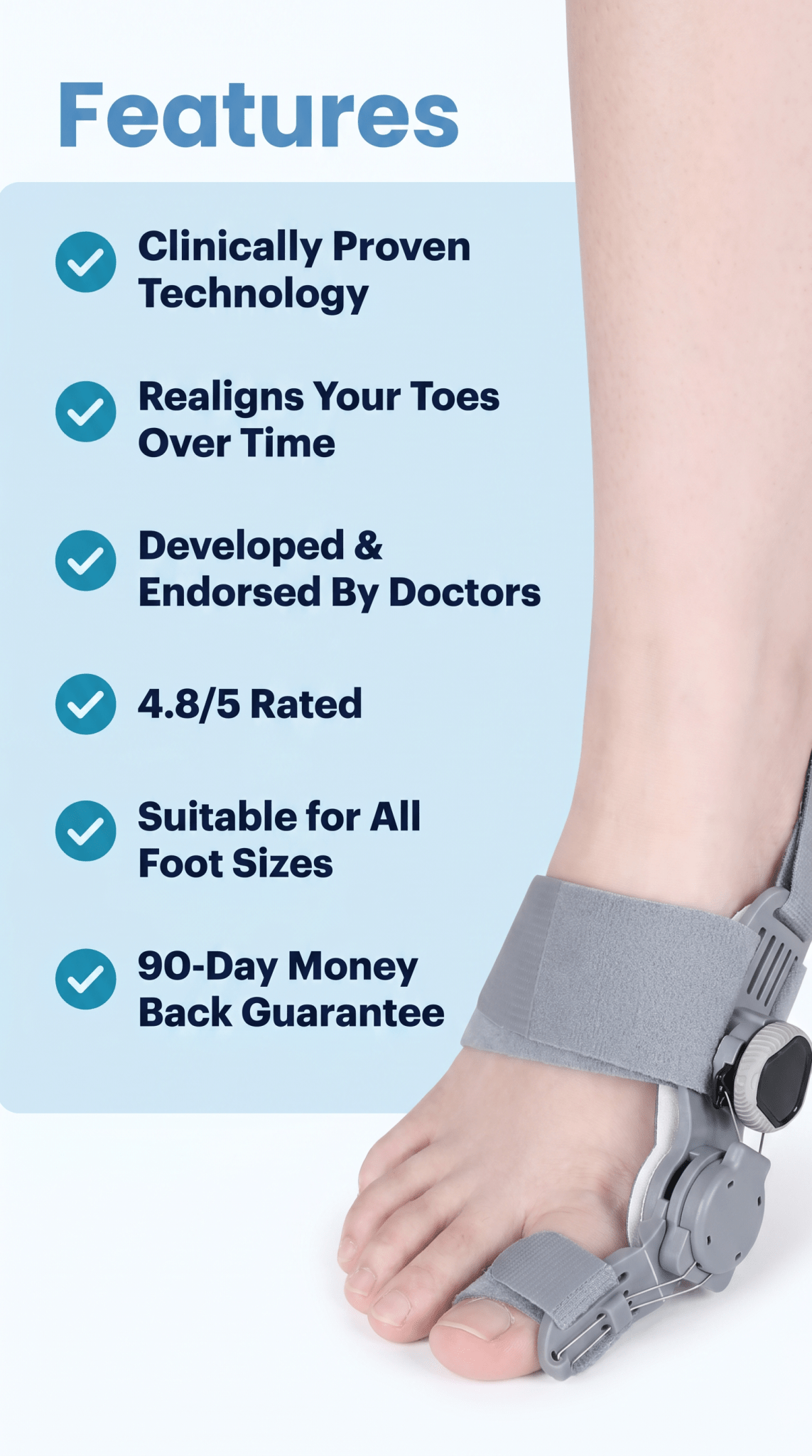 Sleeprelief Bunion Corrector - soft silicone sleeve anchored bunion corrector features